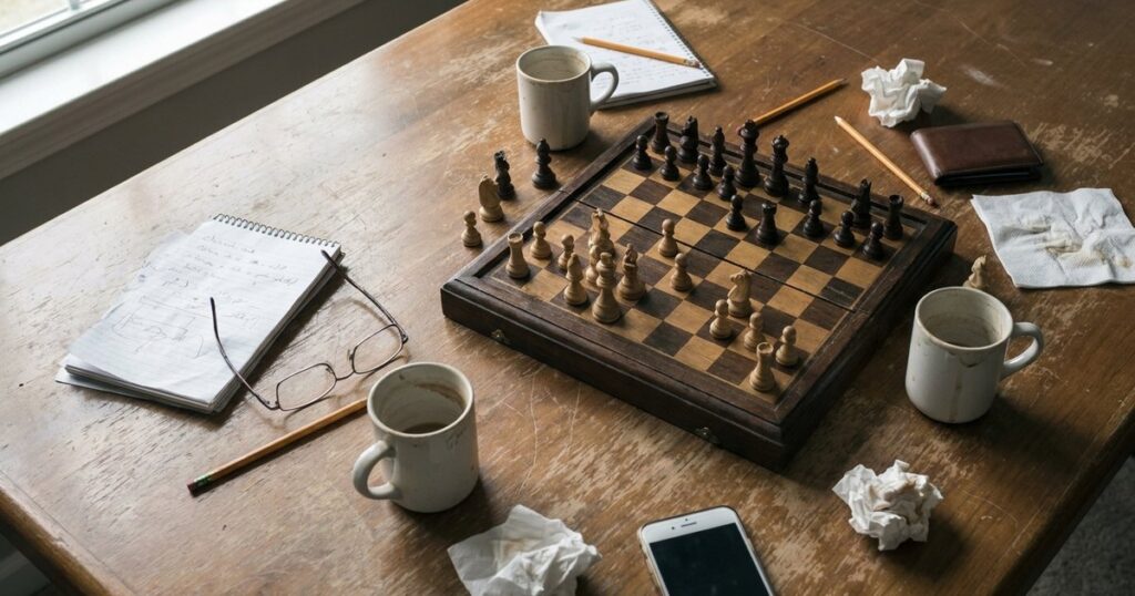 Chessboard on table with coffee cups, illustrating co-founder tension and decision-making in startups.