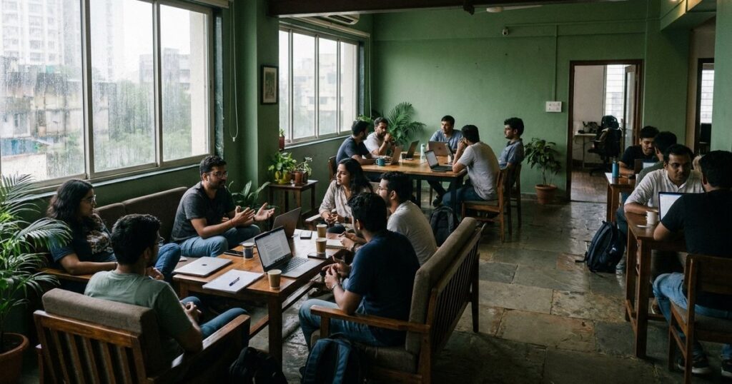 Tech founders discussing strategies in a co-working space, emphasizing the theme of intentional selling and collaboration.