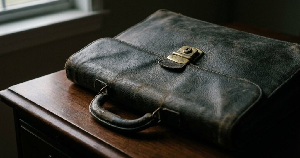 Close-up of a vintage leather briefcase symbolizing sales strategy, related to Indian tech founders and sales skills.