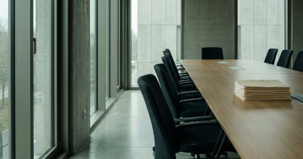 An office conference room with a long table and chairs, evoking themes of hiring and decision-making for Indian founders.