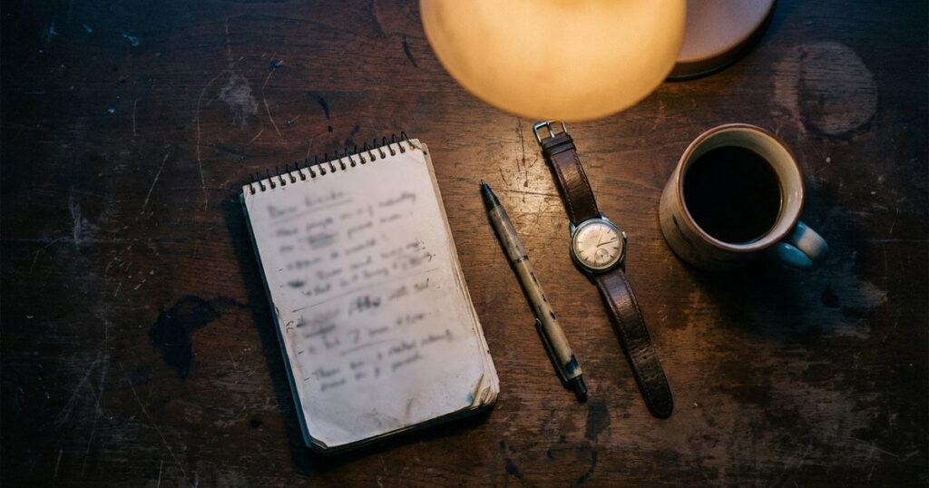 An overhead view of a desk setup for concise sales conversation preparation, with a notebook, pen, and wristwatch under warm light.