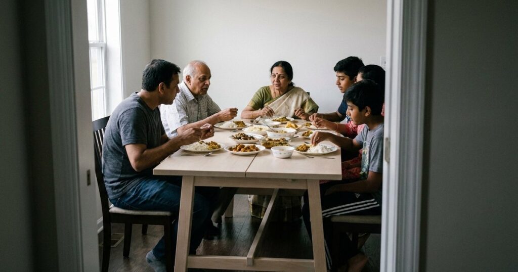Family gathered around a dining table set for Sunday lunch, depicting a discussion on handling a business offer.
