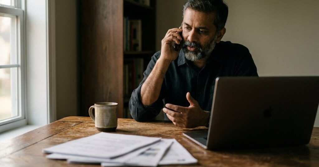 Tech founder discussing sales objections on phone in an informal workspace, surrounded by personal items in evening light.
