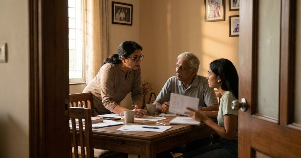 Indian founder discusses business and family balance with relatives at a dining table, in soft afternoon light.