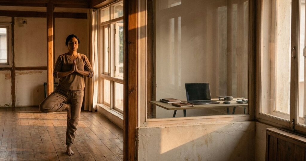 An Indian founder practices yoga in a warm-lit room, embodying the balance of health and entrepreneurship.