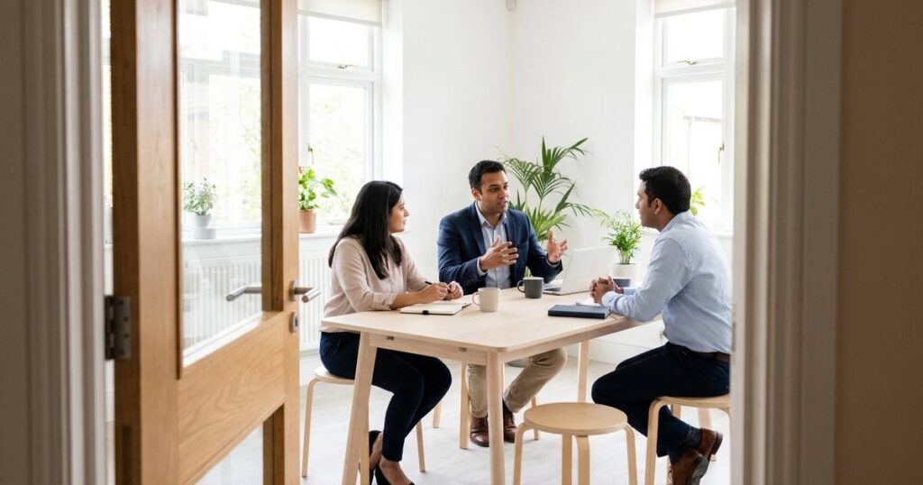 Indian founders engaged in a strategic discussion in a bright, modern room with pale wood elements, related to VC target lists.