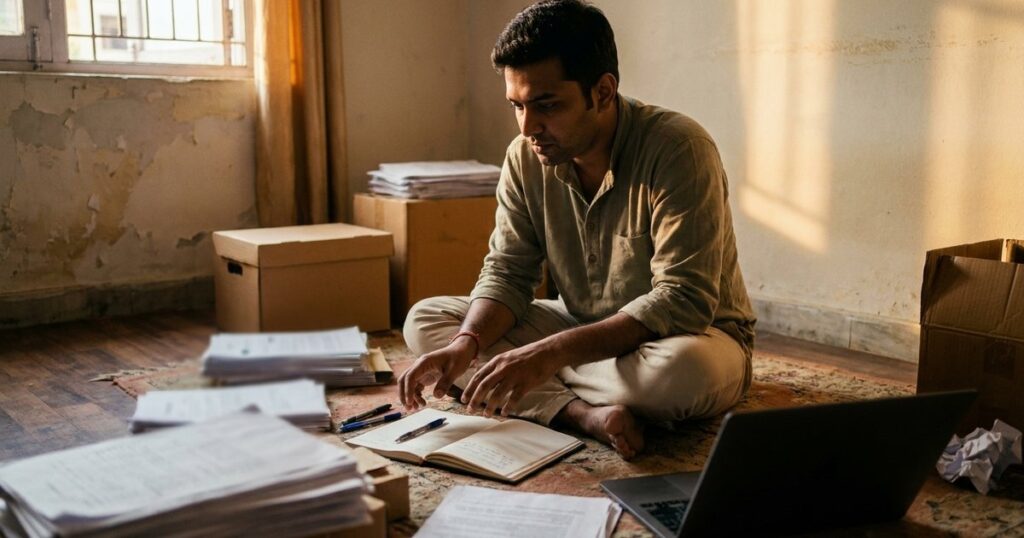 An Indian founder sits surrounded by unsorted papers and a laptop, reflecting the theme of bootstrapping for Indian businesses.
