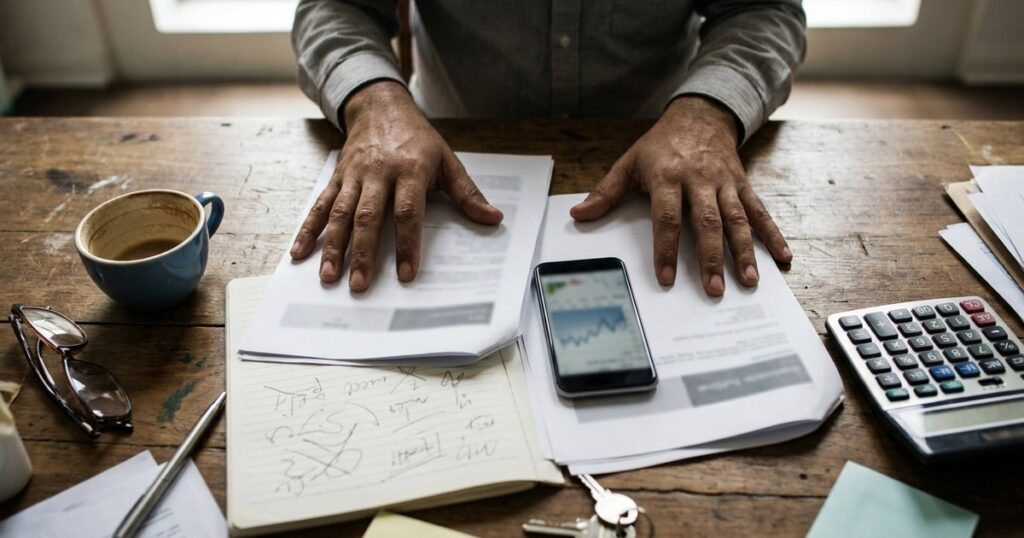 Indian entrepreneur's hands on desk, reviewing business acquisition documents amid natural light and workspace clutter.