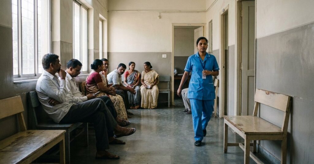 Pune clinic waiting area with patients seated and a nurse moving, reflecting the topic of financial reality in a busy clinic.