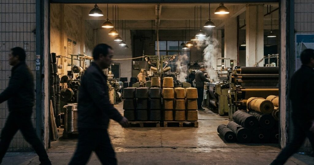 Evening view into a textile processing facility, highlighting the cash flow theme with yarn and fabric rolls visible.