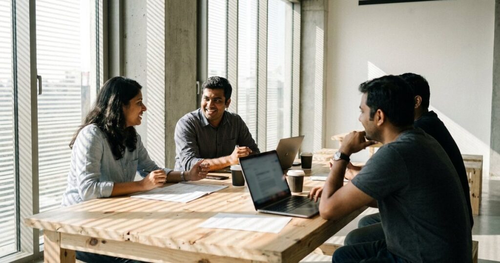 Indian startup founders discuss hiring strategy around a wooden table, with bright sunlight highlighting their workspace.