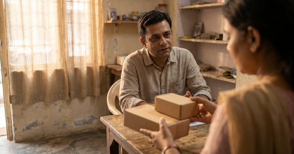 Indian startup founder observes customer testing product options while considering pricing and willingness to pay.
