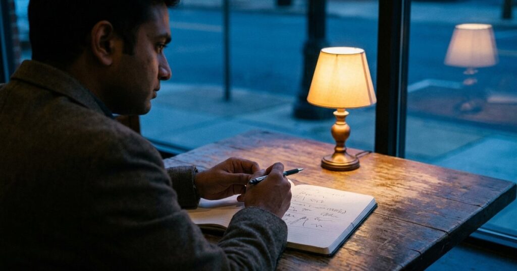 Founder engaged in note-taking at a cafe table, contemplating the skill of selling, under a warm glow during dusk.