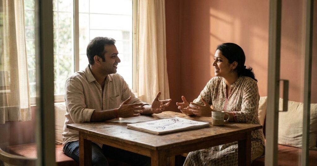Two Indian entrepreneurs discuss bootstrapping at a shared workspace, seen through a doorway in natural light.