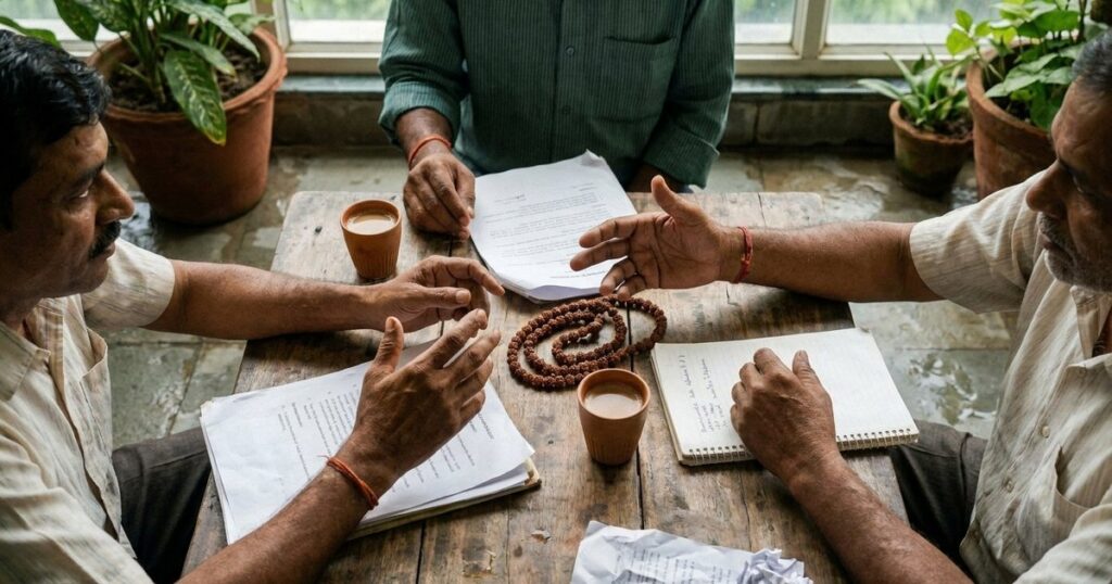Overhead view of Indian founders negotiating, chai cups and beads on a table, illustrating negotiation's role in survival.