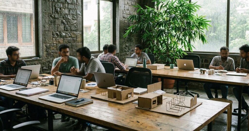 Founders collaborate in an open workspace, illustrating the challenges of excessive optimization in Indian startups.