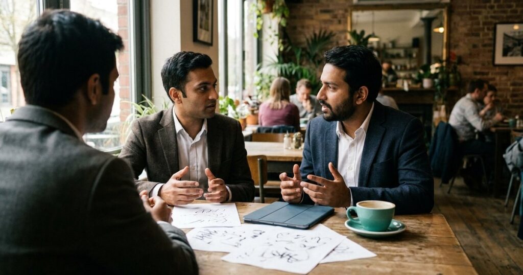 Two Indian founders discussing a 90-day startup plan in a sunlit cafe with abstract papers and a tablet around them.