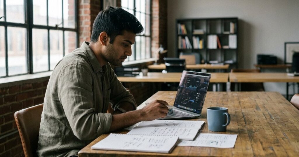 Founder examines AI data visualizations in an office, reflecting the use of AI tools in a sales process.