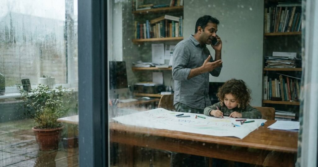 Indian founder balances work and family, seen through a window in a home office, speaking on the phone as a child draws nearby.