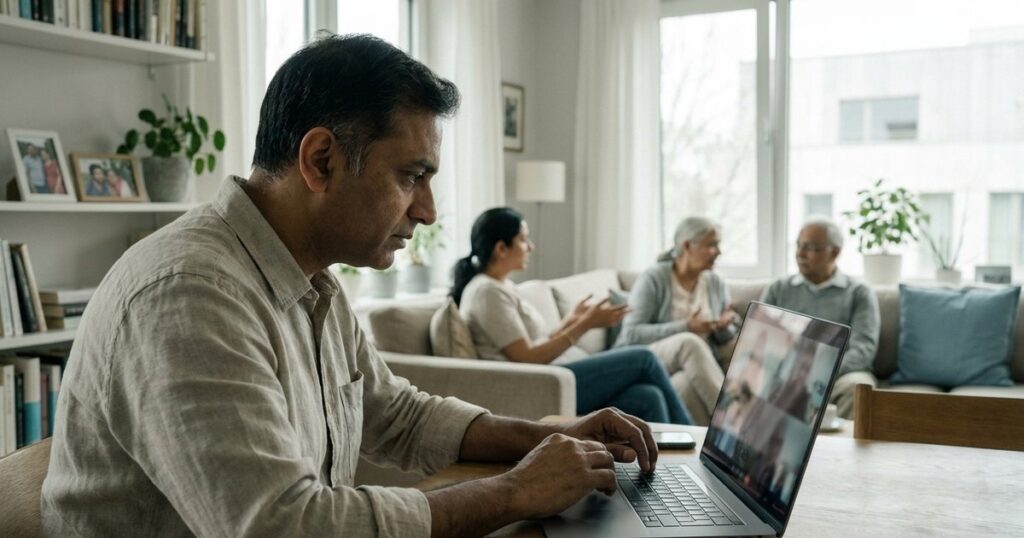 A man in a family setting focused on a video call, discussing hiring dynamics and familial involvement in India.