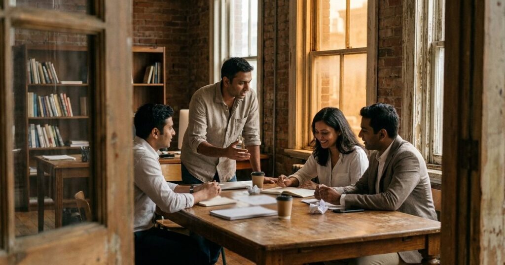 Indian startup founder discusses frameworks with a team around a wooden table in late-afternoon light.