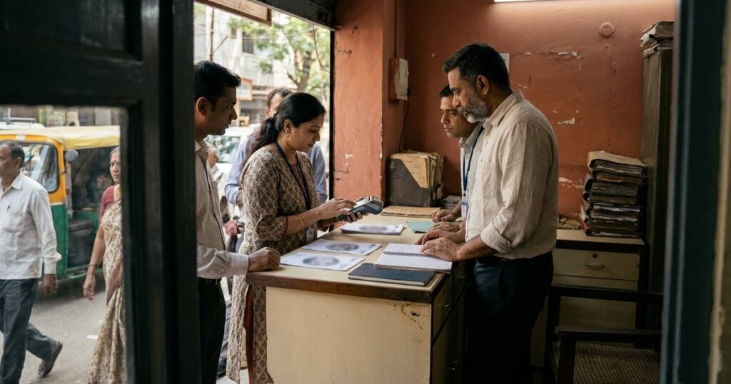 Indian fintech professionals assess payment technology and regulatory risks inside a neighborhood banking outlet