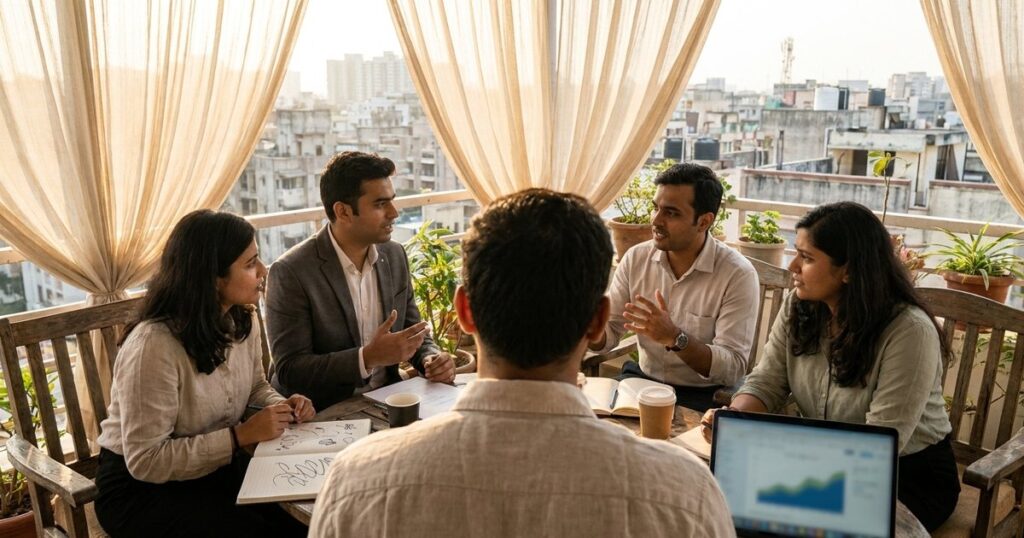 Indian startup founders in discussion on a rooftop terrace, highlighting anti-fragile culture themes in startups.
