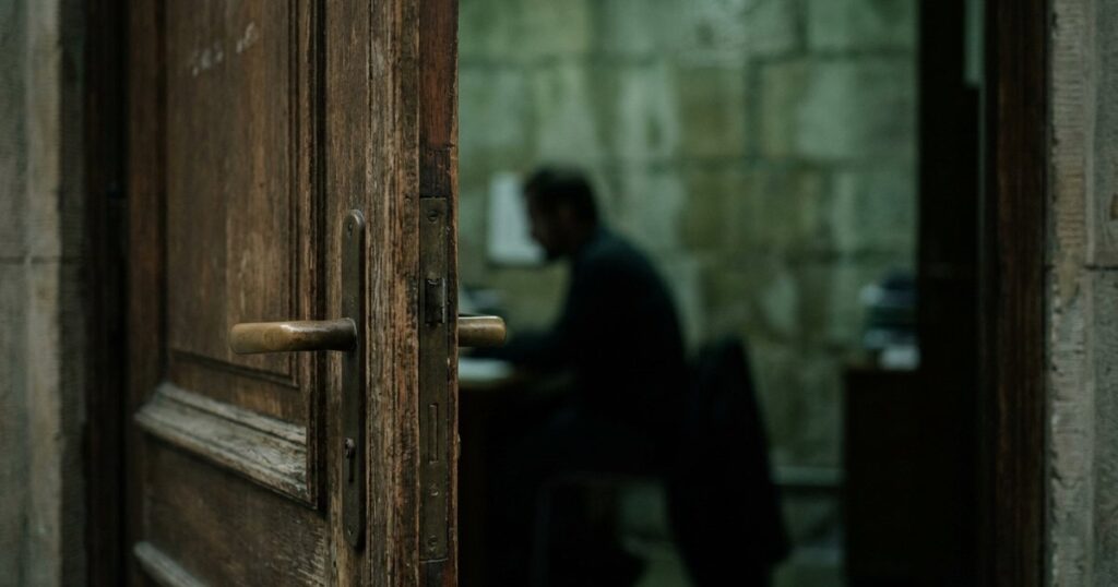 Close-up of a vintage office door ajar, silhouette inside, illustrating founder decisions on firing and hiring mistakes.
