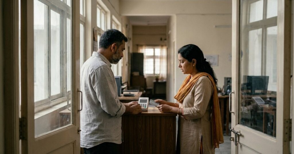 Two Indian founders discuss digital infrastructure for a lower-risk wallpaper bet through a glass doorway.