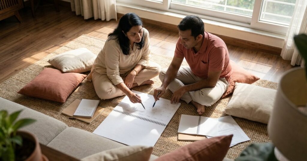 Indian entrepreneur and spouse plan a weekly operating rhythm on a blank calendar in a sunlit living room.
