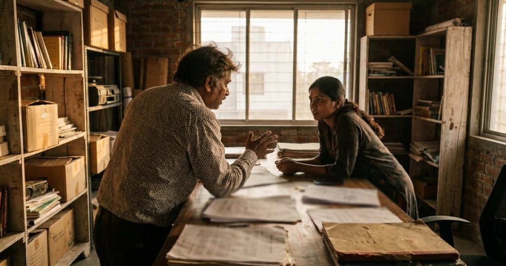 An Indian startup founder discusses hiring challenges across a wooden table in a warmly lit office setting.