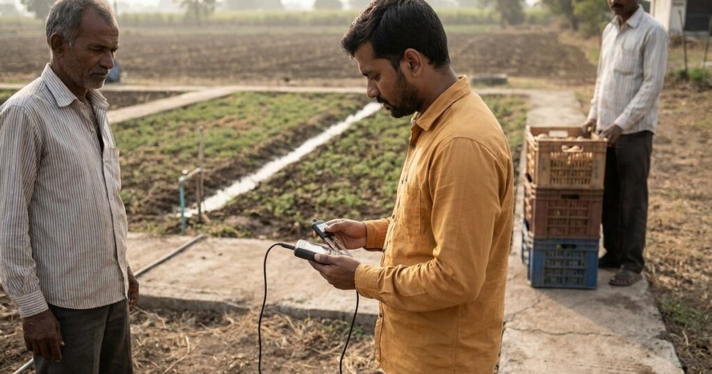 Indian agritech founder checks a field pilot with a farmer, illustrating shared risk before national expansion.