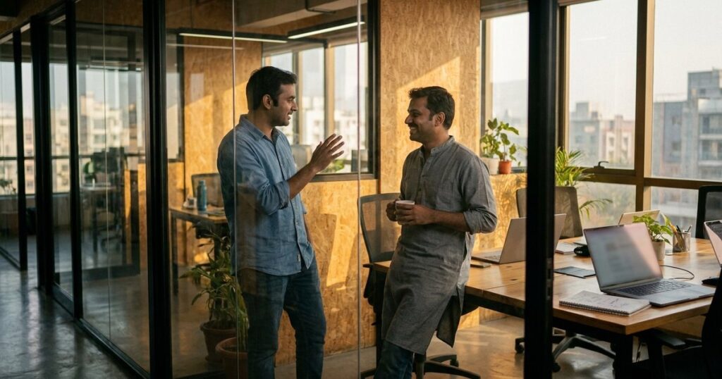 Two people discussing hiring practices through glass at an Indian startup office with warm lighting and wooden decor.