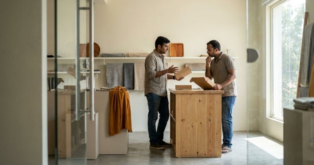 Two Indian founders compare a product and distribution package while clarifying their startup’s core business bet.