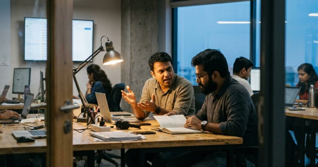 Co-founders in an Indian startup office discuss a thirty-day hiring plan at dusk, under warm light.