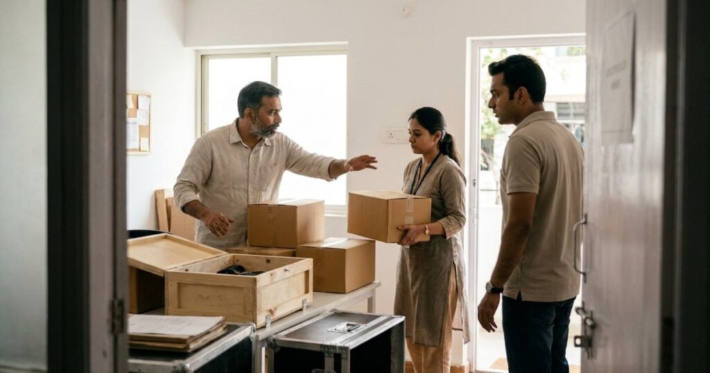 Indian startup colleagues regroup around separated shipping cartons, showing the linked consequences of a major growth bet.