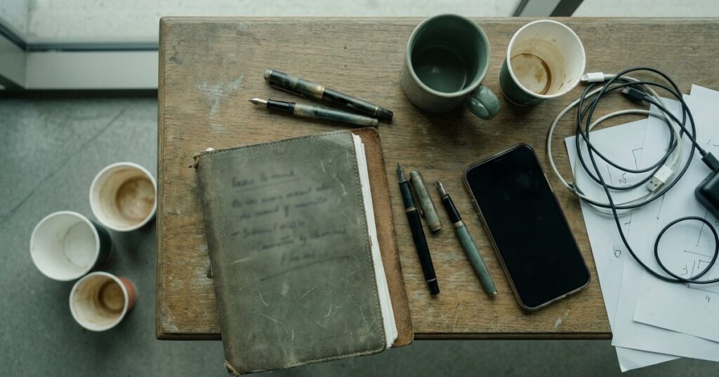 An overhead view of a cluttered desk with papers and a smartphone, illustrating tools for hiring top talent in startups.