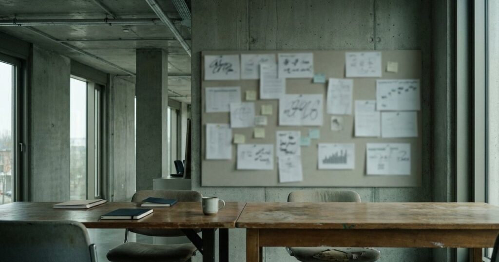 Pinboard in a startup office shows blurred notes, evoking co-founder's hiring strategy alignment topic.