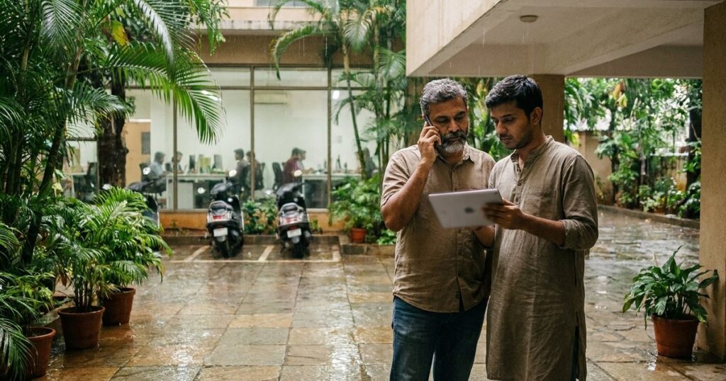 Indian founders use AI and regulatory research to assess business risks in a rain-washed Bengaluru workspace