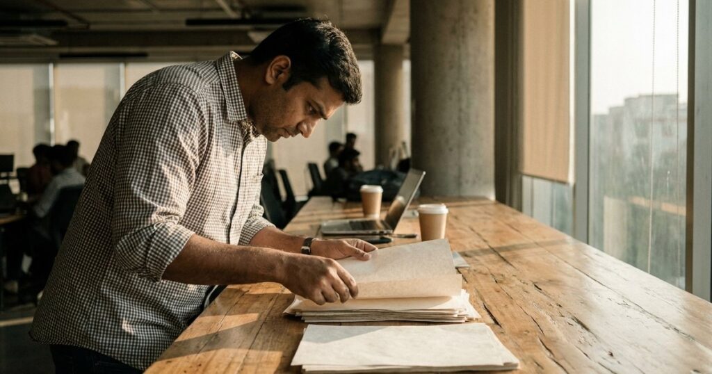 A person arranges mock resumes on a wooden desk in a startup, reflecting the challenges of hiring talent for startups.