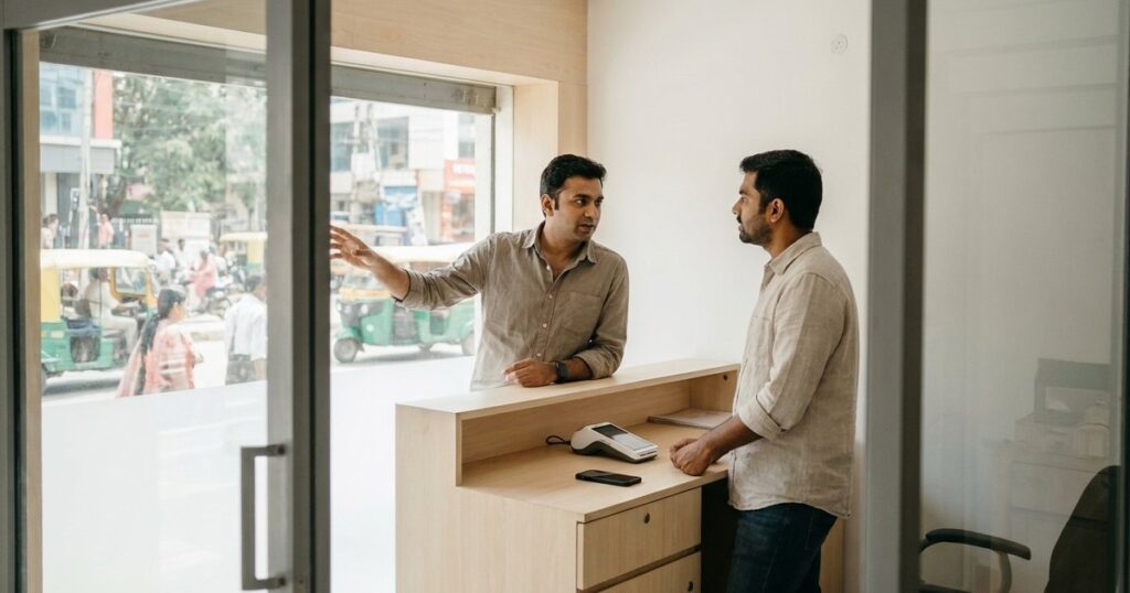 Two Indian founders discuss fintech growth beside a payment terminal in a bright Bengaluru office.