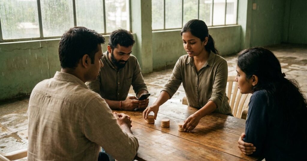 Indian startup team planning shared priorities and contingency decisions for a high-Predictive-Intelligence company