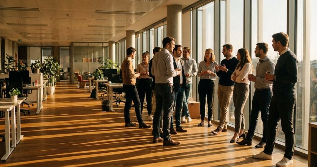 Diverse employees in a startup office discuss in warm light, reflecting on A Players hiring theme.