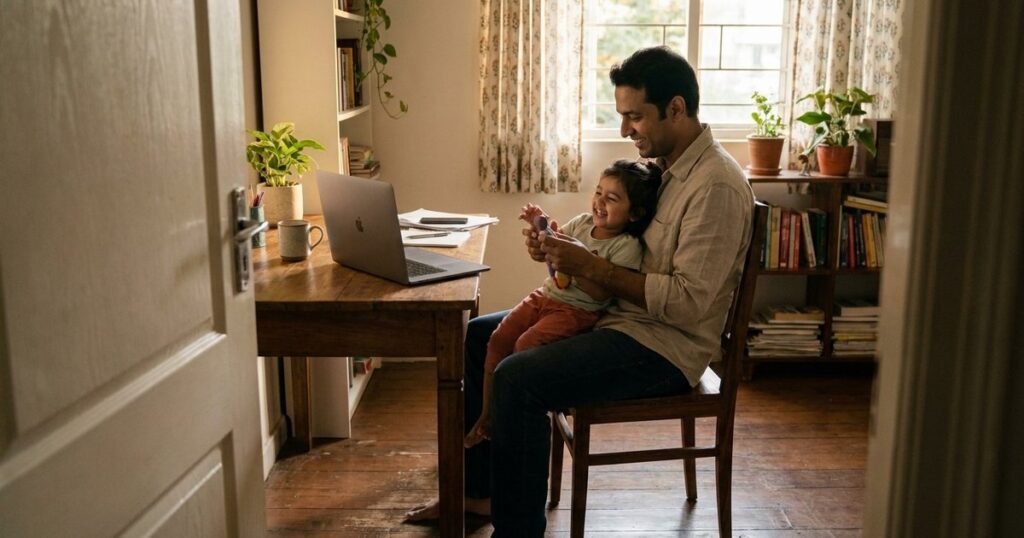 An Indian founder in a home office connects with their child, illustrating work-life balance discussions in the article.