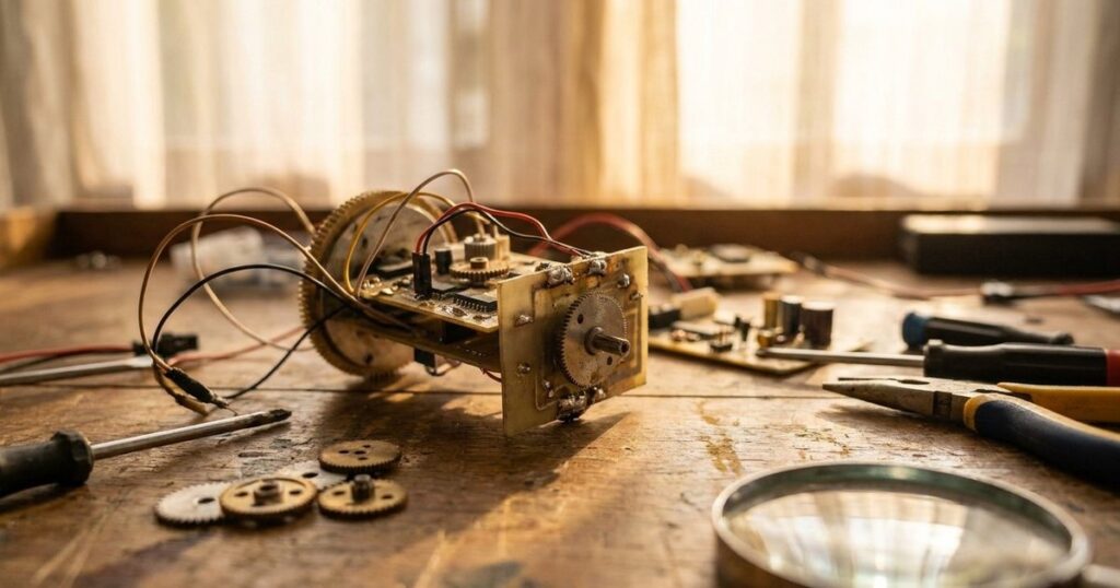 Close-up of a prototype tool on a workbench, symbolizing solving personal problems in entrepreneurship.