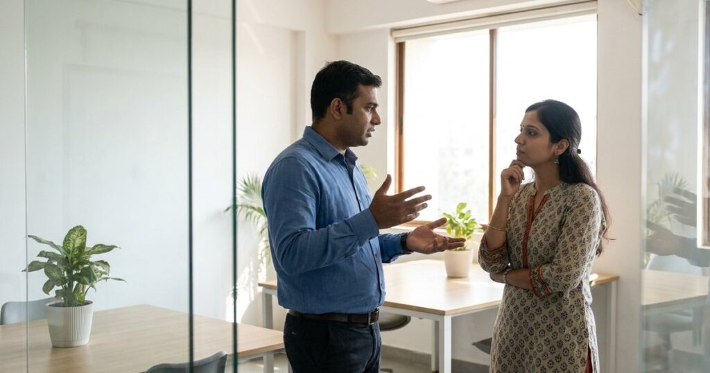 Two Indian professionals discuss in a modern office, illustrating India's entrepreneurial negotiation dynamics.