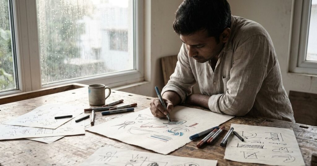 Indian founder working on sketches, reflecting on mental models and Senge's disciplines for an anti-fragile startup.