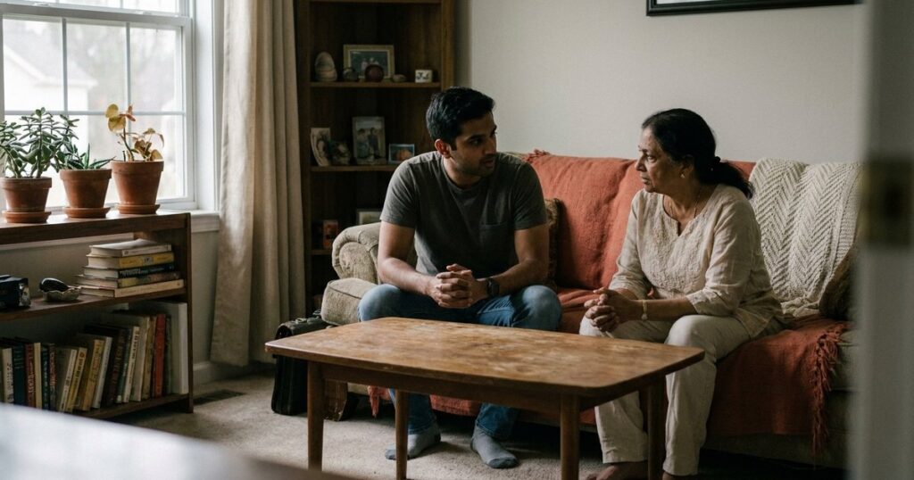 An entrepreneur discusses startup plans with a family member, illustrating the first critical sales step in a startup journey.