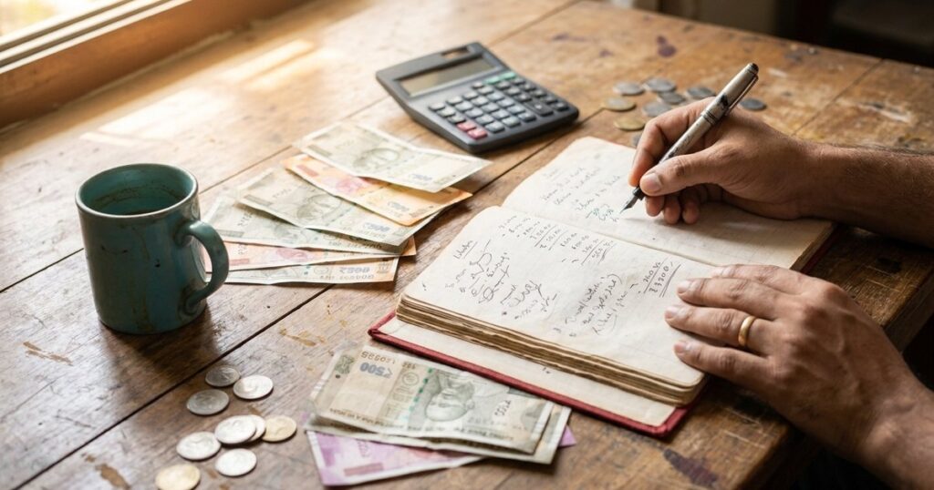 Overhead view of cash, calculator, and notebook on desk, representing Indian bootstrap cash flow management.