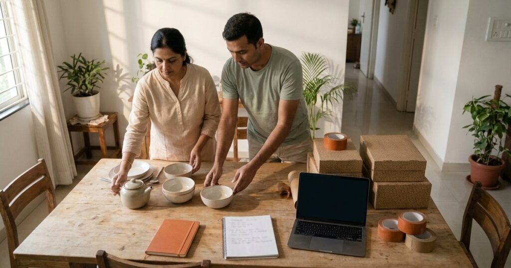 An Indian entrepreneur transforms a dining table into a business workspace, highlighting the blend of family and business life.